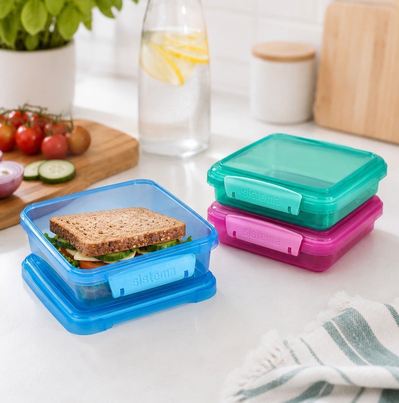 Sistema Sandwich Coloured 3 Pack 450ml Food Storage Containers with Easy Lock Clip Lids, BPA Free Reusable Sandwich Boxes for Lunch, Snacks & Meal Prep, Made in New Zealand - Image 5