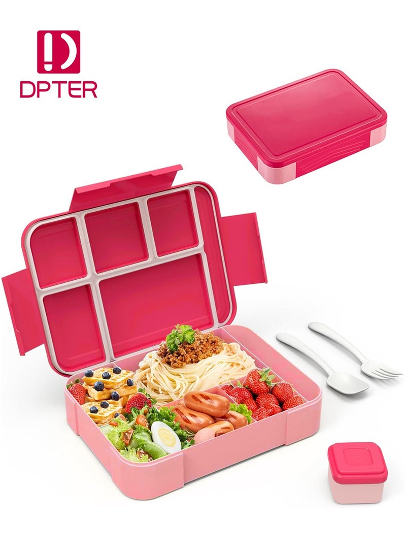 DPTER Bento Box, Lunch Box for Kids, Bento Lunch Box for Kids and Adults，Kids Lunch Box With 6 Compartments, 1 Salad Dressing Containers and Fork Spoon, Food-Safe Leakproof, Microwave, Dishwasher, Freezer Safe, Bpa-Free, 1330 ML (Pink)  - Image 1