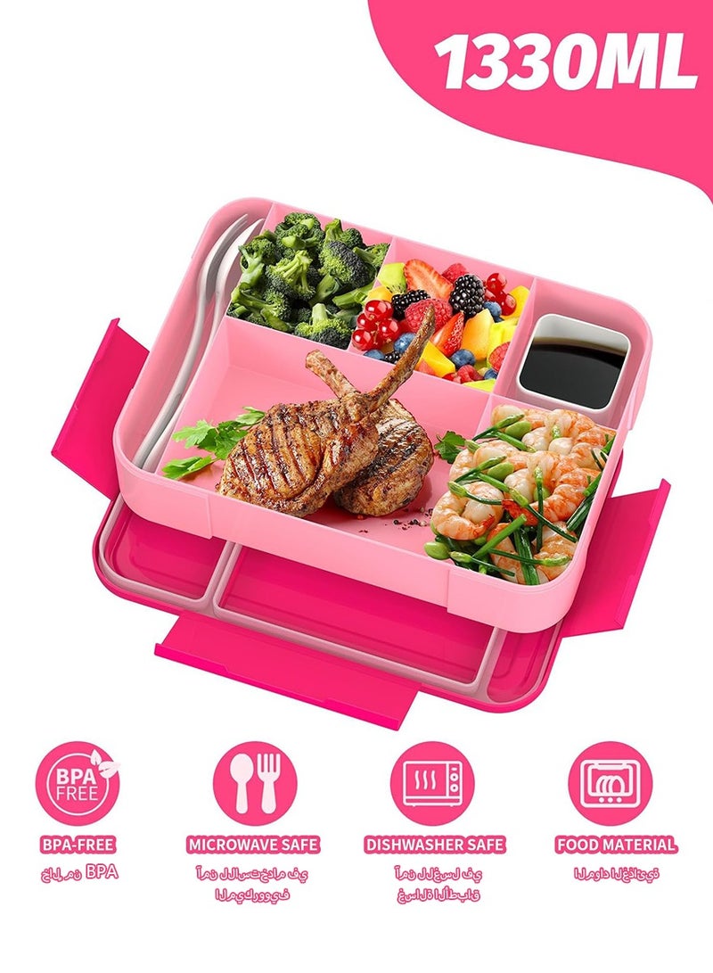 DPTER Bento Box, Lunch Box for Kids, Bento Lunch Box for Kids and Adults，Kids Lunch Box With 6 Compartments, 1 Salad Dressing Containers and Fork Spoon, Food-Safe Leakproof, Microwave, Dishwasher, Freezer Safe, Bpa-Free, 1330 ML (Pink)  - Image 2