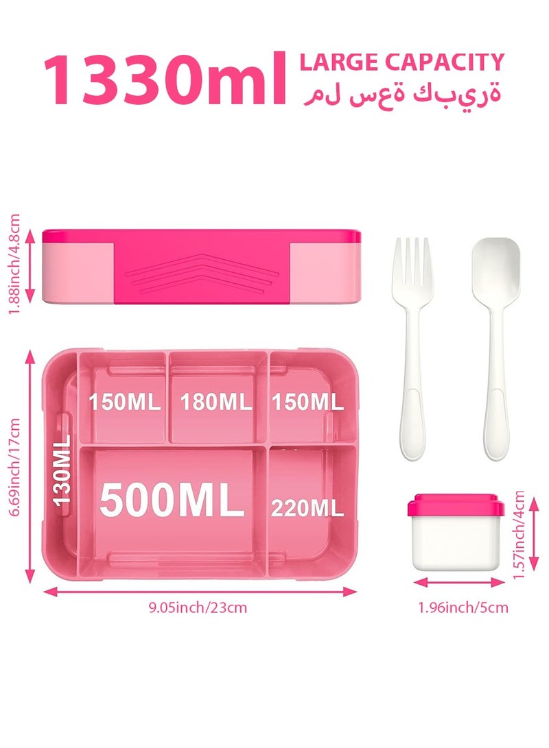 DPTER Bento Box, Lunch Box for Kids, Bento Lunch Box for Kids and Adults，Kids Lunch Box With 6 Compartments, 1 Salad Dressing Containers and Fork Spoon, Food-Safe Leakproof, Microwave, Dishwasher, Freezer Safe, Bpa-Free, 1330 ML (Pink)  - Image 3