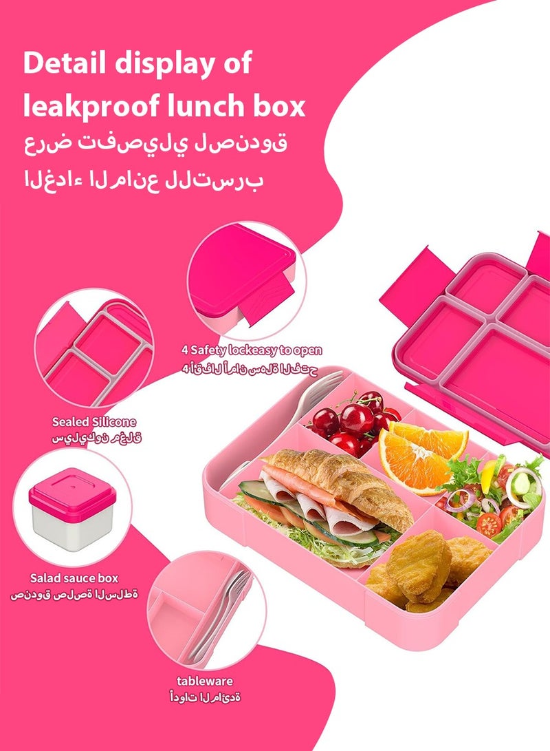DPTER Bento Box, Lunch Box for Kids, Bento Lunch Box for Kids and Adults，Kids Lunch Box With 6 Compartments, 1 Salad Dressing Containers and Fork Spoon, Food-Safe Leakproof, Microwave, Dishwasher, Freezer Safe, Bpa-Free, 1330 ML (Pink)  - Image 5