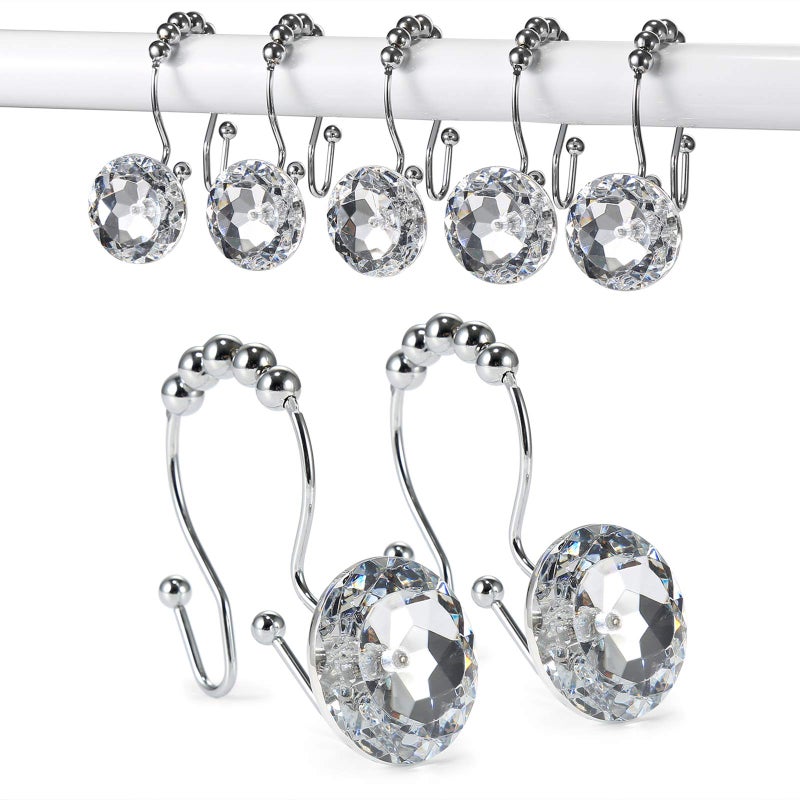 Goowin Shower Curtain Hooks 12 Pcs Crystal Shower Curtain Rings Stainless Steel Rust Proof Double Shower Hooks for Curtains Shower Curtain  Liner Decor Crystal White