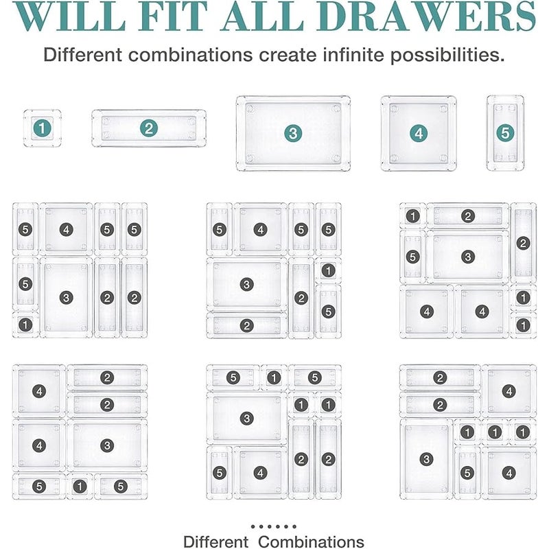 StorMiracle 16 PCS Drawer Organizer Set, 5 Varied Size Bathroom and kitchen Drawer cabinet organizer Trays, Clear Storage Bins for Makeup, Jewelry, Utensils and Gadgets - Image 4