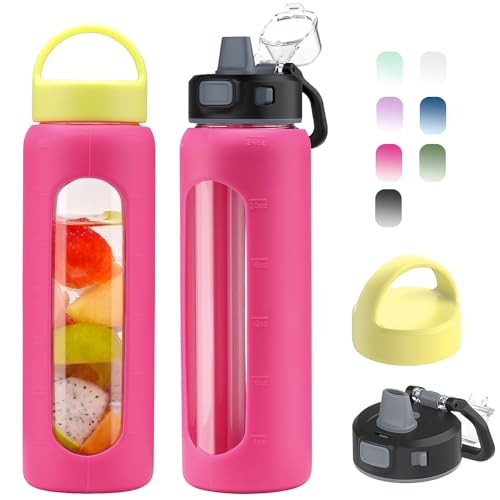 Kodrine 24oz Glass Water Bottle With Straw-2 lids-Reusable Daily Water Intake Glass Bottle with Measurements,Silicone Sleeve, Time Marker, Cupholder Friendly for Home,Gym,Sports-Rose Red - Image 1