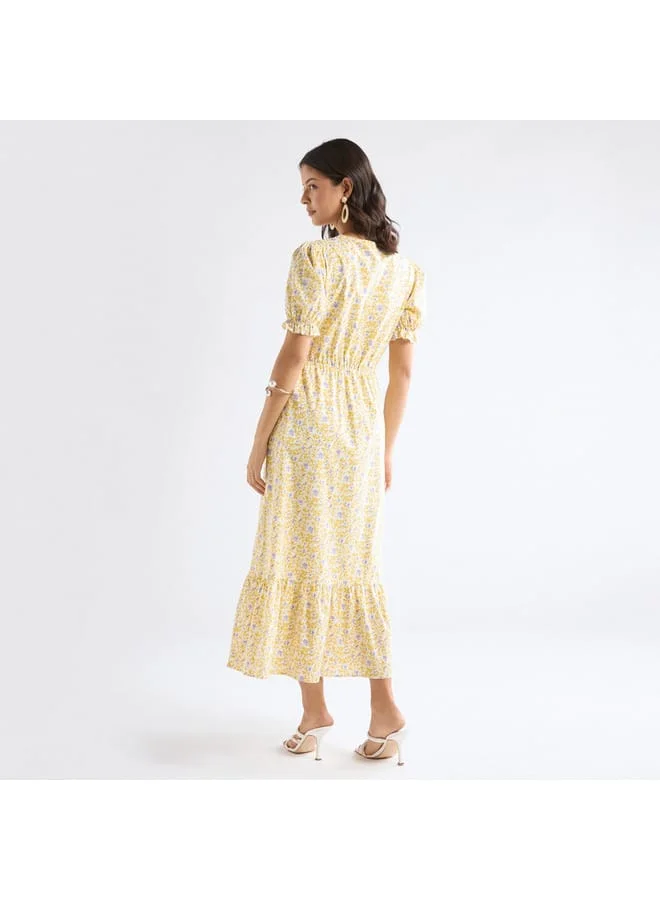 Splash FAV Floral Print A-line Midi Dress with V-neck and Puff Sleeves