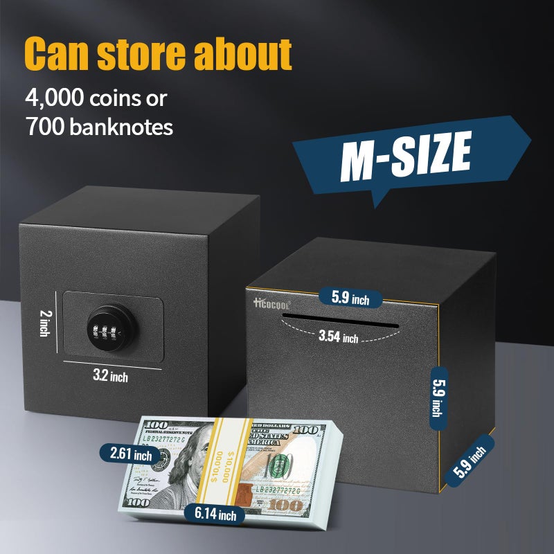 hicocool Piggy Bank for Adults Password Stainless Steel Reusable Piggy Bank, Metal Money Box with Lock, Unbreakable Money Saving Box for Cash Saving(5.9 inch, Black) - Image 2