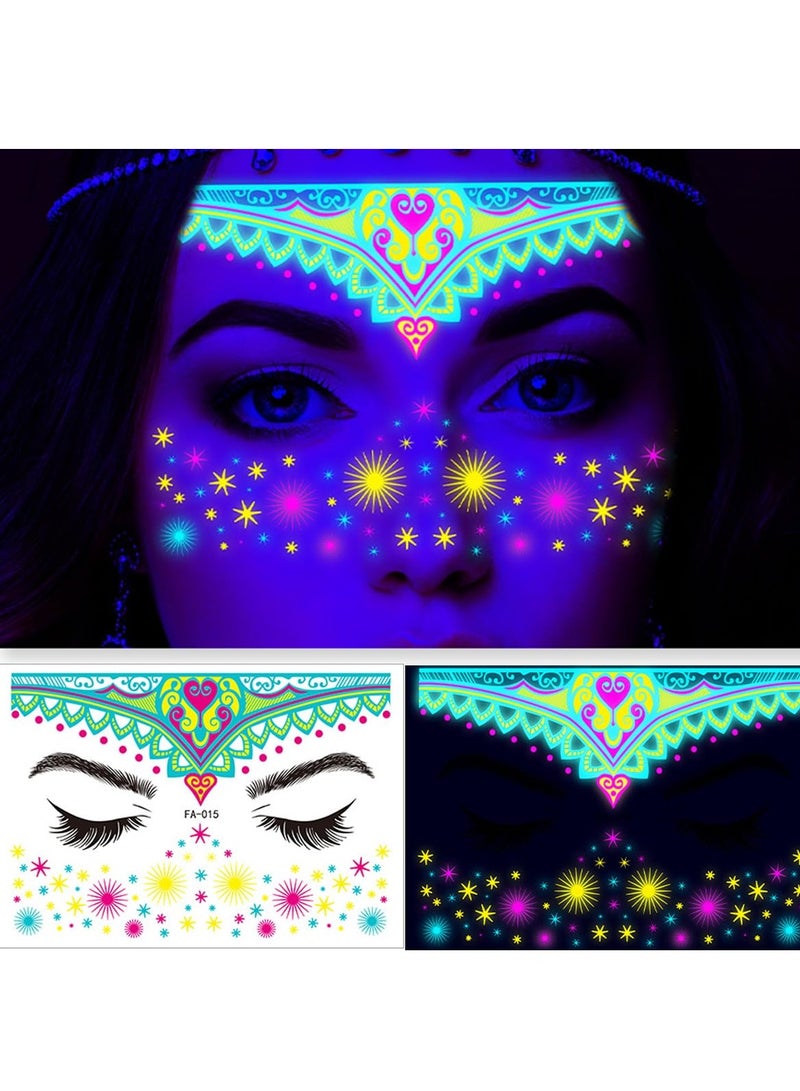 SYOSI Luminous Face Tattoo Stickers Body Glow in the Dark Fluorescent Face Rhinestone Tattoo Temporary Tattoo Sparkly UV Neon Mask Tattoo Rave Festival Accessory Party (8 PCS) - Image 4