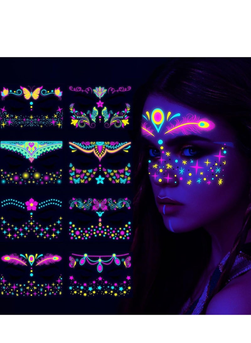 SYOSI Luminous Face Tattoo Stickers Body Glow in the Dark Fluorescent Face Rhinestone Tattoo Temporary Tattoo Sparkly UV Neon Mask Tattoo Rave Festival Accessory Party (8 PCS) - Image 1
