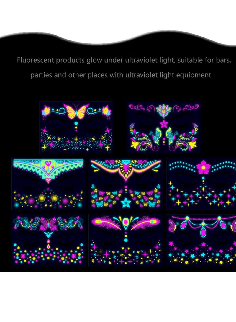 SYOSI Luminous Face Tattoo Stickers Body Glow in the Dark Fluorescent Face Rhinestone Tattoo Temporary Tattoo Sparkly UV Neon Mask Tattoo Rave Festival Accessory Party (8 PCS) - Image 2