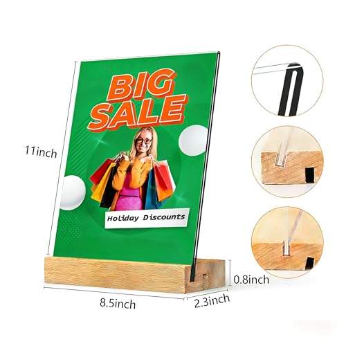 TONICE 8.5 x 11 Acrylic Sign Holder with Wood Base 5 Pack L/T Shape Vertical or Slant Back Display for Wedding, Restaurant, Store, Office, Hotel - Image 2