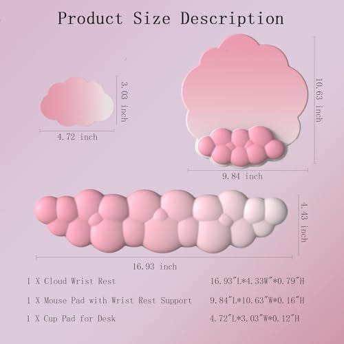 WFCYGL Cloud Wrist Rest Keyboard Pink Mouse Pad Set with Wrist Rest Ergonomic Wrist Pad Memory Foam NonSlip Base Cute Gradient Wrist Support for Computer Laptop Gaming Home Office Relief Typing Pain - Image 3