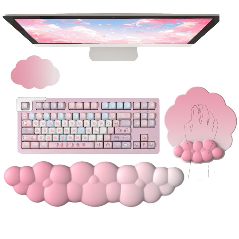 WFCYGL Cloud Wrist Rest Keyboard Pink Mouse Pad Set with Wrist Rest Ergonomic Wrist Pad Memory Foam NonSlip Base Cute Gradient Wrist Support for Computer Laptop Gaming Home Office Relief Typing Pain - Image 2