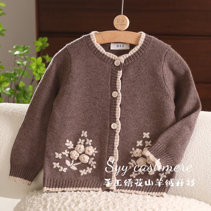 Number Of Sheep And Sheep A Generation Of Children'S Cashmere Sweater Girls Baby Sweet Retro Embroidered Sweater Cardigan Thickened - Image 1
