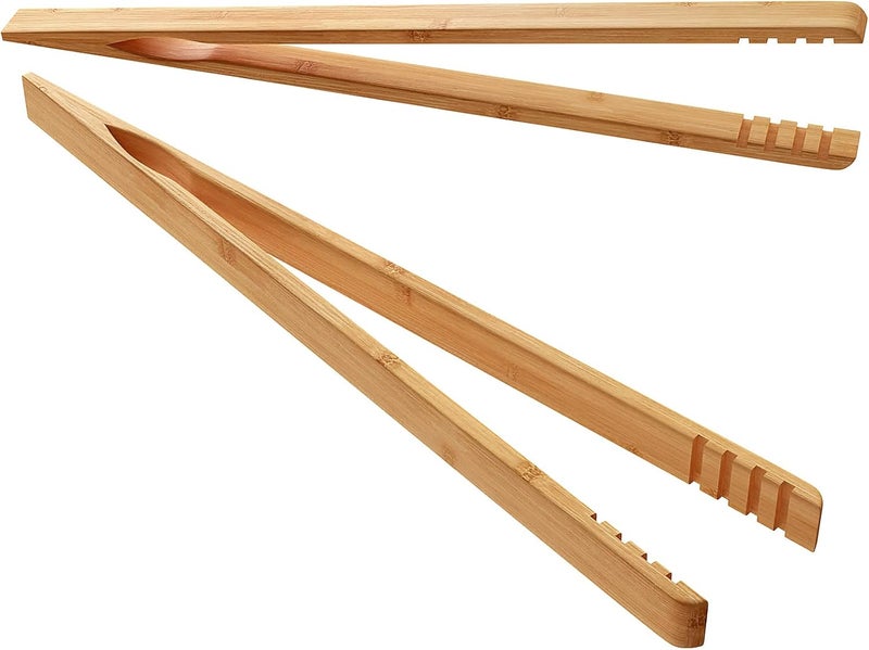 DUJEN 2 Pieces Bamboo Toast Tongs, 10.2 Inches Long Wood Toaster Tongs with Anti-slip Design, Tongs for Cooking with Cooking Oil Coating - Image 1