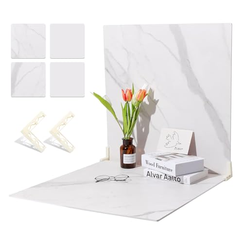 BEIYANG 2 Marble 24x24 Inch Photography Backdrop Boards with 2 PCS Bracket for Flat Lay or Food Photography Background Marble and White Backdrop Photo Table Backdrop - Image 1