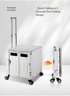 LEDIN Trolley Box Cart with One-piece Lid Capacity Folding Shopping Cart Trolley, Boot Cart with 4 Wheels and Telescopic Handle for Shopping Camping Picnic Office Laundry(White Grey)  - Image 2