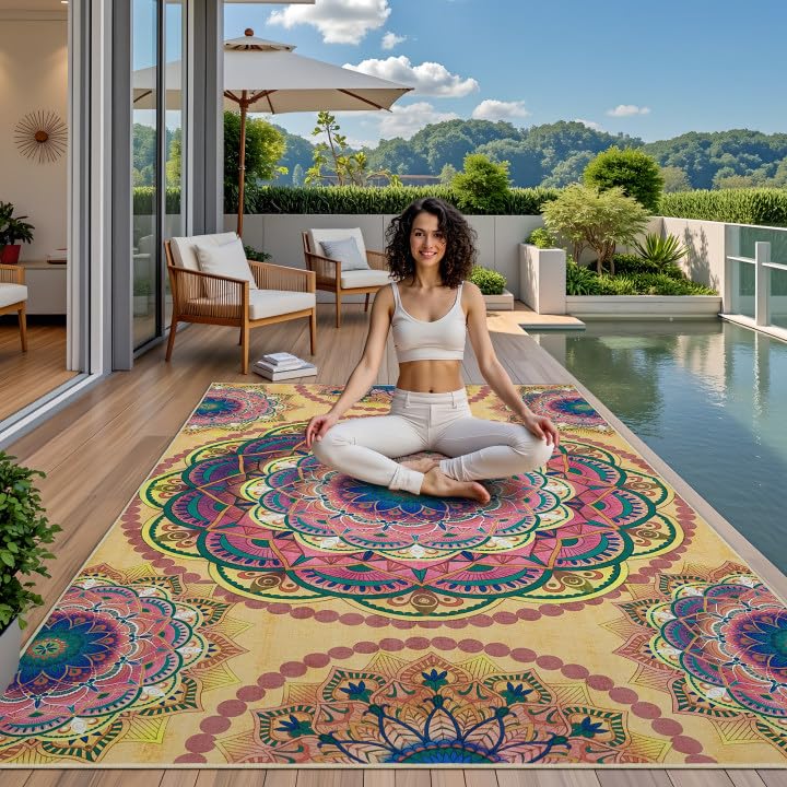 Arenarug Meditation Indoor Outdoor Rug 5x8 ft Mandala Pattern Rug Boho Style,Yoga Meditation Mat Picnic Rug for Patio Living Room Porch Garden Deck Backyard Easy to Clean Non Shedding Non-Slip - Image 3