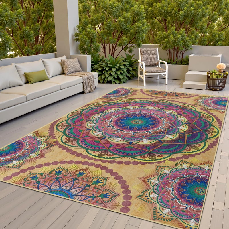 Arenarug Meditation Indoor Outdoor Rug 5x8 ft Mandala Pattern Rug Boho Style,Yoga Meditation Mat Picnic Rug for Patio Living Room Porch Garden Deck Backyard Easy to Clean Non Shedding Non-Slip - Image 1