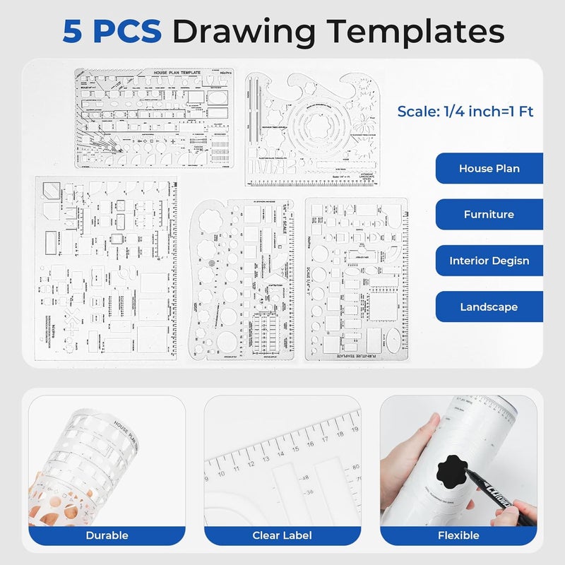 Nicpro 21-Piece Professional Drafting Tools & Geometry Set with Case, Architect Compass & Protractor Set, Metal Pencils, Pens, Scale Ruler, Metal Ruler, and 5 Drawing Templates for Interior House Plan Design - Image 2