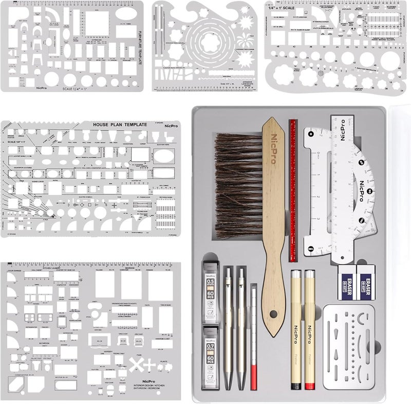 Nicpro 21-Piece Professional Drafting Tools & Geometry Set with Case, Architect Compass & Protractor Set, Metal Pencils, Pens, Scale Ruler, Metal Ruler, and 5 Drawing Templates for Interior House Plan Design - Image 1