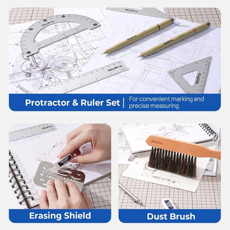 Nicpro 21-Piece Professional Drafting Tools & Geometry Set with Case, Architect Compass & Protractor Set, Metal Pencils, Pens, Scale Ruler, Metal Ruler, and 5 Drawing Templates for Interior House Plan Design - Image 3