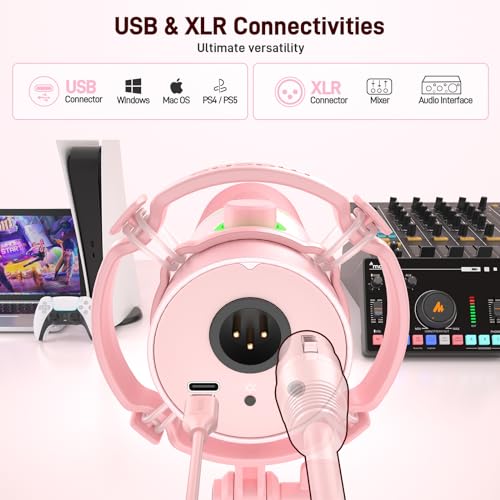 MAONO XLRUSB Dynamic Microphone Kit RGB Gaming Mic with Software Mute Gain Knob Volume Control Boom Arm for Streaming Podcasting VoiceOver RecordingPD200XS Pink - Image 3