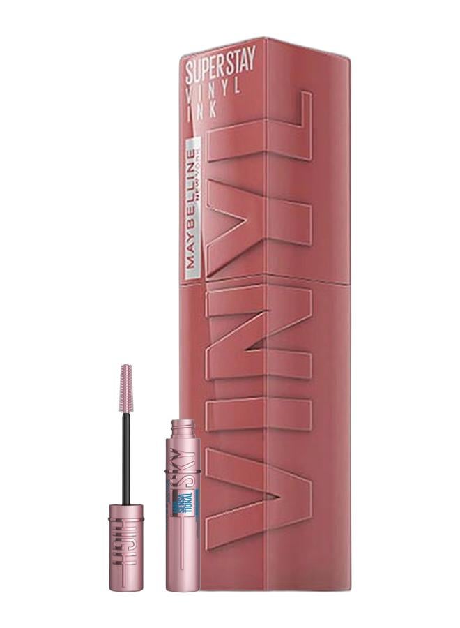 Maybelline New York, Lash Sensational Sky High Mascara Waterproof, Blackest Black & Super Stay Vinyl Ink Longwear Transfer Proof Liquid Matte Lipstick 35 Cheeky Bundle - Image 1