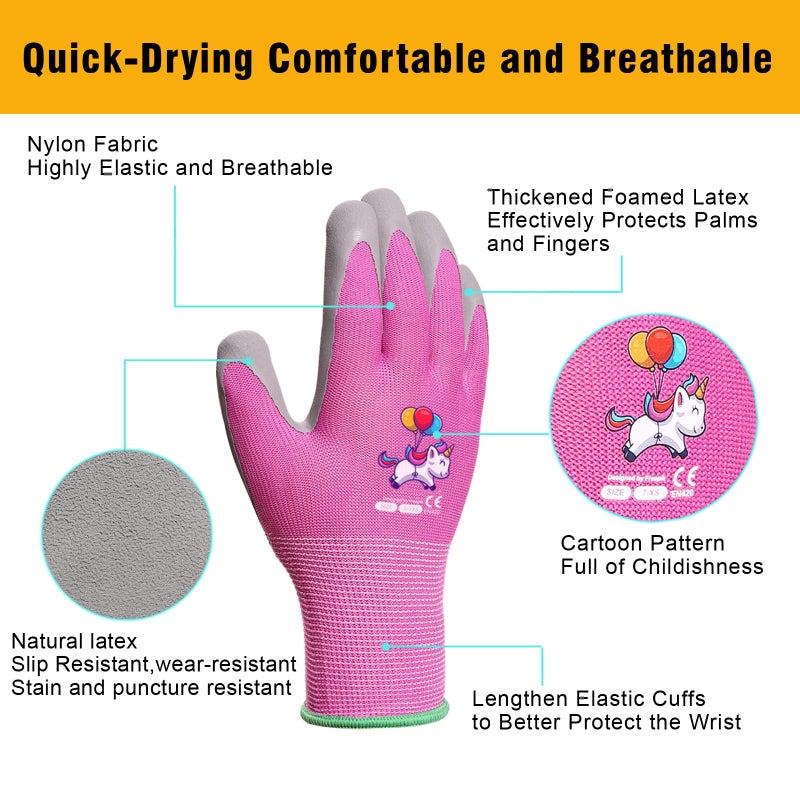 KDK Ages 8-10 Kids Gardening Gloves,Yard Work Gloves for Toddlers, Youth, Girls, Boys, Childrens, Soft Safety Rubber Gloves (XS Age 8-10, 3 Pairs Green, Blue&Pink) - Image 4