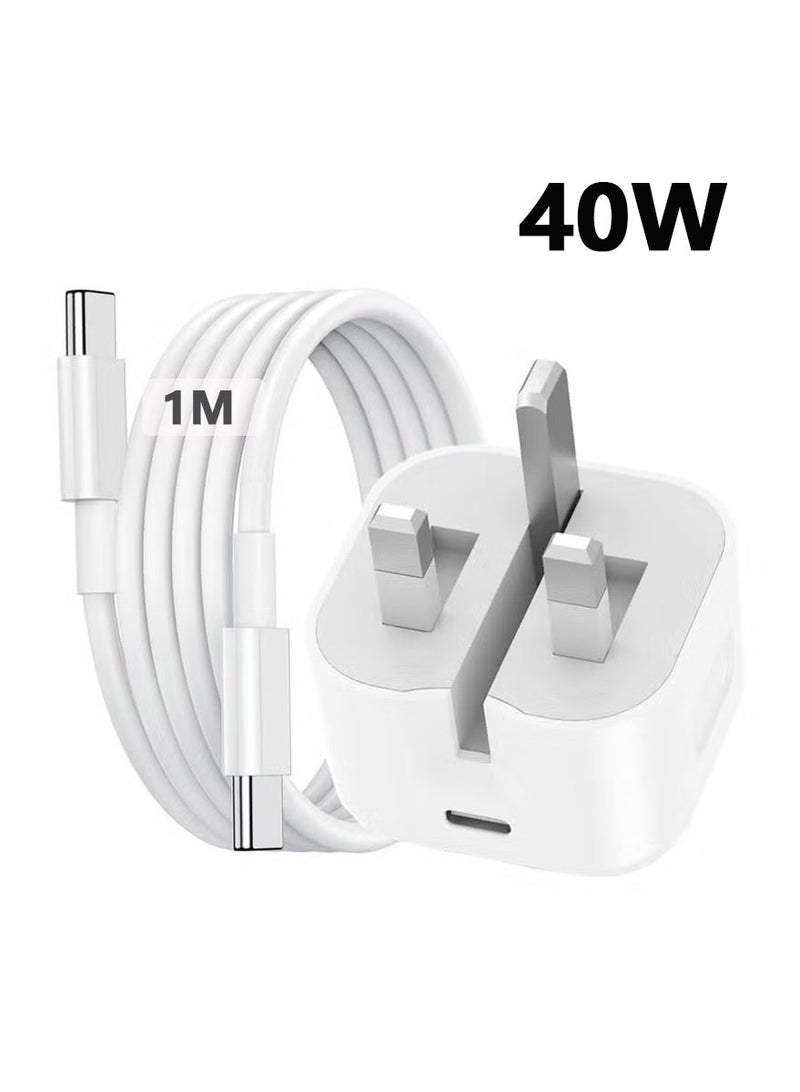 نيكور شاحن آيفون (iPhone 17, 16 & 15 Pro Max) بمنفذ USB-C وقوة 40 واط، مرفق بكابل شحن سريع بطول 1 متر (من النوع C إلى C)؛ متوافق مع هواتف iPhone 16 / 15 Pro Max / 15 Pro / 15 Plus / 15، وهاتف Samsung S26، وجميع الهواتف والأجهزة اللوحية (التابلت) المزودة بمنفذ USB-C. - Image 1