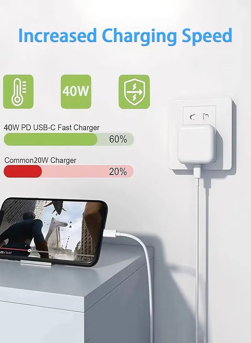 نيكور شاحن آيفون (iPhone 17, 16 & 15 Pro Max) بمنفذ USB-C وقوة 40 واط، مرفق بكابل شحن سريع بطول 1 متر (من النوع C إلى C)؛ متوافق مع هواتف iPhone 16 / 15 Pro Max / 15 Pro / 15 Plus / 15، وهاتف Samsung S26، وجميع الهواتف والأجهزة اللوحية (التابلت) المزودة بمنفذ USB-C. - Image 3