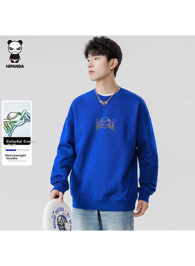 Hipanda Men's Sweatshirt, Autumn Season, Colorful Puff Round Neck, American Retro Style, Casual Versatile Top, Klein Blue, XL - Image 1