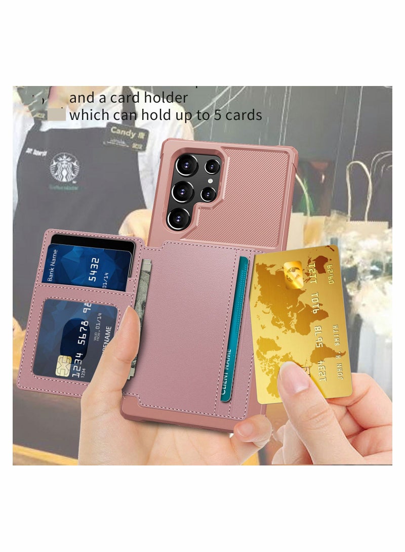 Y&D Case for Galaxy S22 Ultra Cover with PU Leather Wallet Credit Card Holder Slot Anti Fall Shock Resistant Double Layers Protection Pink - Image 2