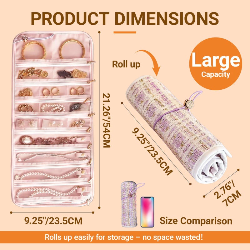 Qryval Tweed Travel Jewelry Organizer Roll with 17 Zippered Compartments, Portable Jewelry Storage Bag for Bracelets, Brooches, Rings, Earrings, Necklace Tangle-Free, Scratch Protection, Display(purple) - Image 2