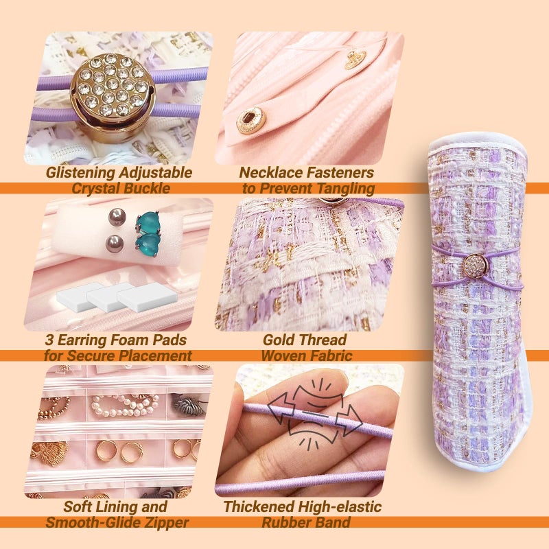 Qryval Tweed Travel Jewelry Organizer Roll with 17 Zippered Compartments, Portable Jewelry Storage Bag for Bracelets, Brooches, Rings, Earrings, Necklace Tangle-Free, Scratch Protection, Display(purple) - Image 3