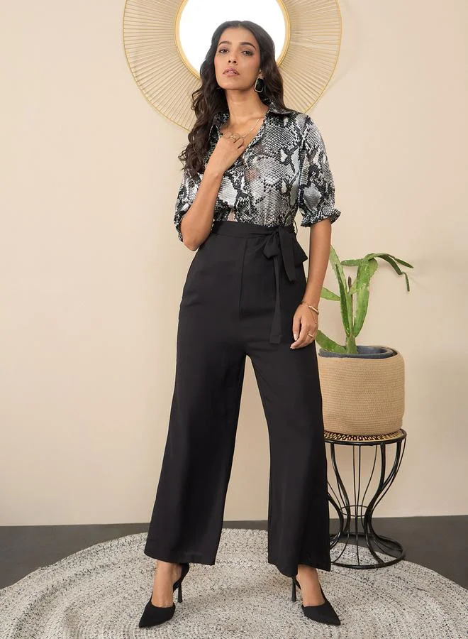 StyleStone Stylestone Satin Snake Print Buttoned Jumpsuit