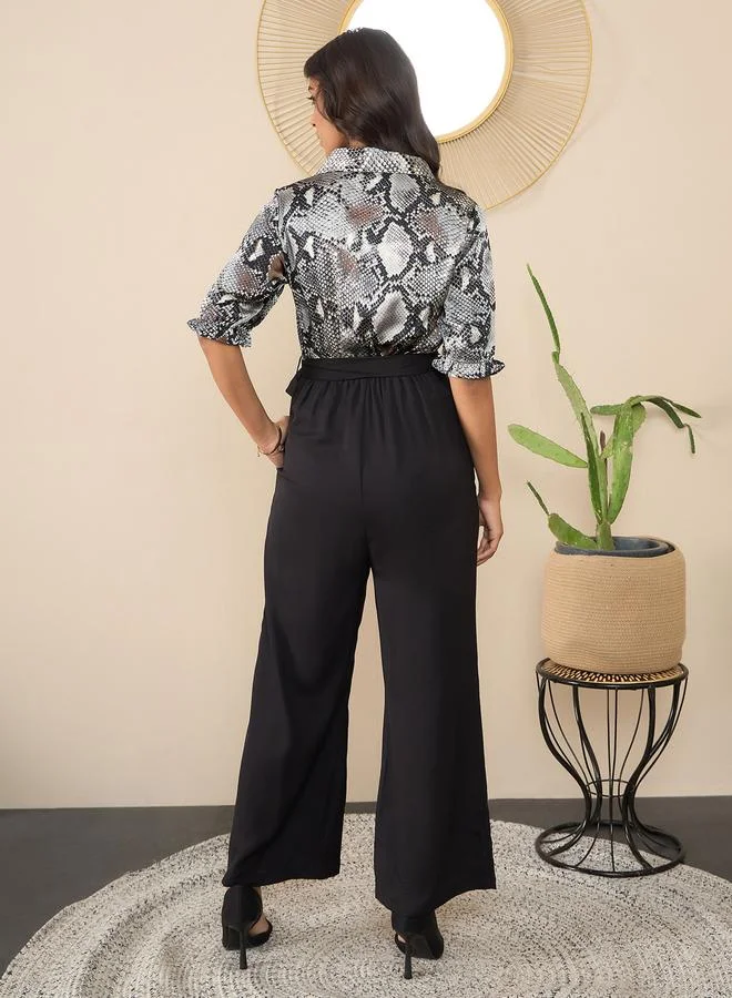StyleStone  Stylestone Satin Snake Print Buttoned Jumpsuit for Women | Best Price UAE
