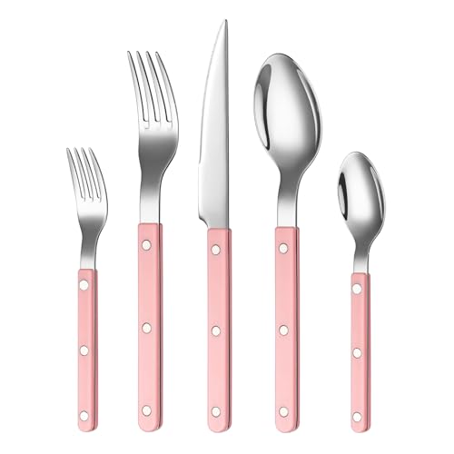 Khen Cutlery Set of 20 Pieces, 18/8 Stainless Steel Flatware, Modern Silverware for Home, Kitchen, Dining & Table Setting for 4, Dishwasher Safe, Lightweight & Ergonomic Design Gift - Pink - Image 1