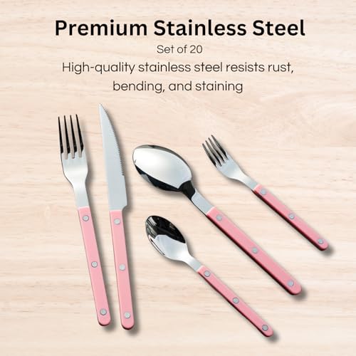 Khen Cutlery Set of 20 Pieces, 18/8 Stainless Steel Flatware, Modern Silverware for Home, Kitchen, Dining & Table Setting for 4, Dishwasher Safe, Lightweight & Ergonomic Design Gift - Pink - Image 3