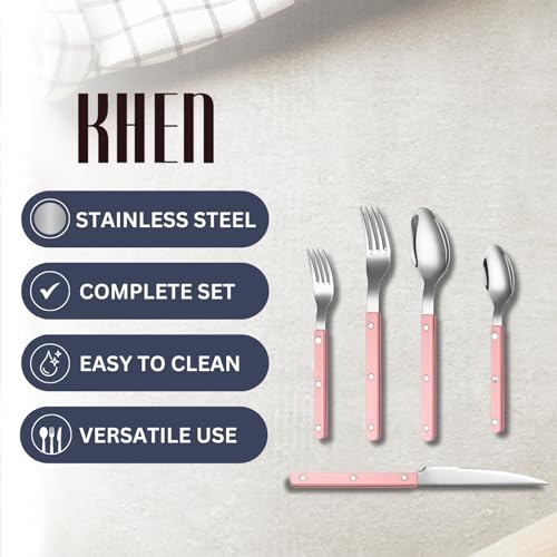 Khen Cutlery Set of 20 Pieces, 18/8 Stainless Steel Flatware, Modern Silverware for Home, Kitchen, Dining & Table Setting for 4, Dishwasher Safe, Lightweight & Ergonomic Design Gift - Pink - Image 4
