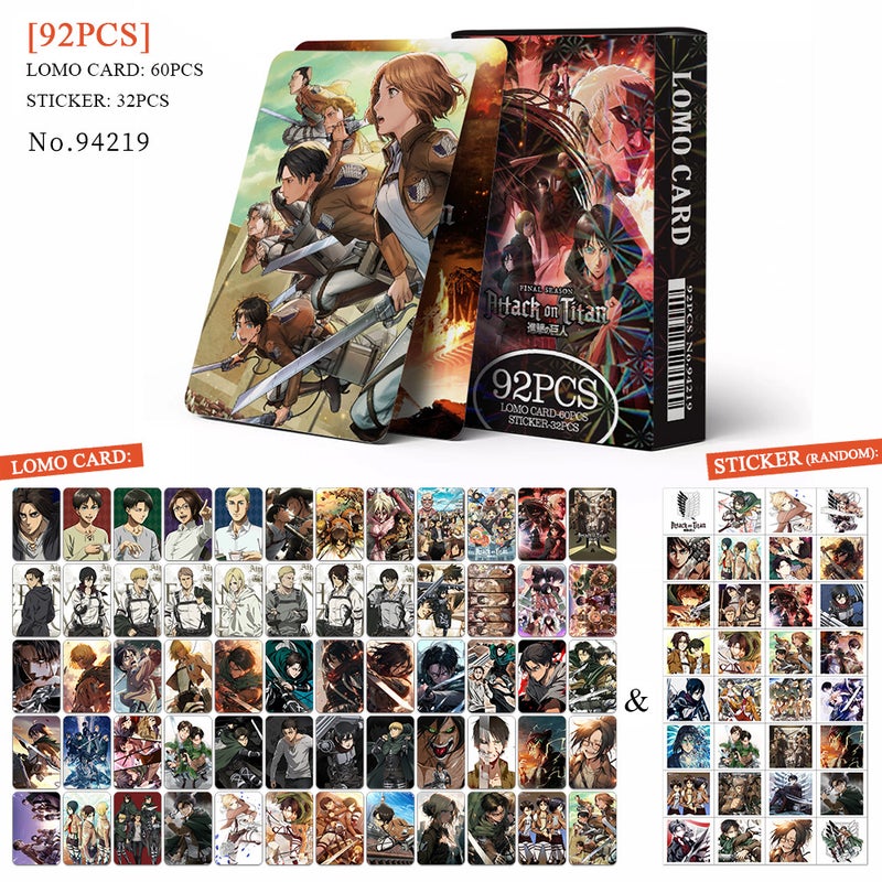 Attack on Titan Lomocard & Sticker Set – 92PCS (60 Lomocards + 32 Random Stickers) | Aesthetic Photo Card Collection for Fans