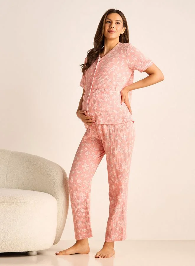 Splash FAV Floral Print Maternity Top and Elasticated Pyjama Set
