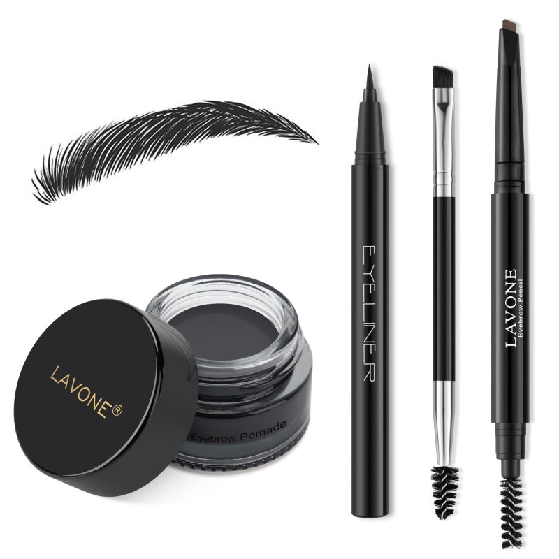LAVONE Eyebrow Stamp Pencil Kit for Eyebrows, Makeup Brow Stamp Trio Kit with Waterproof Eyebrow Pencil, Eyeliner, Eyebrow Pomade, and Dual-ended Eyebrow Brush - Ash Black - Image 1