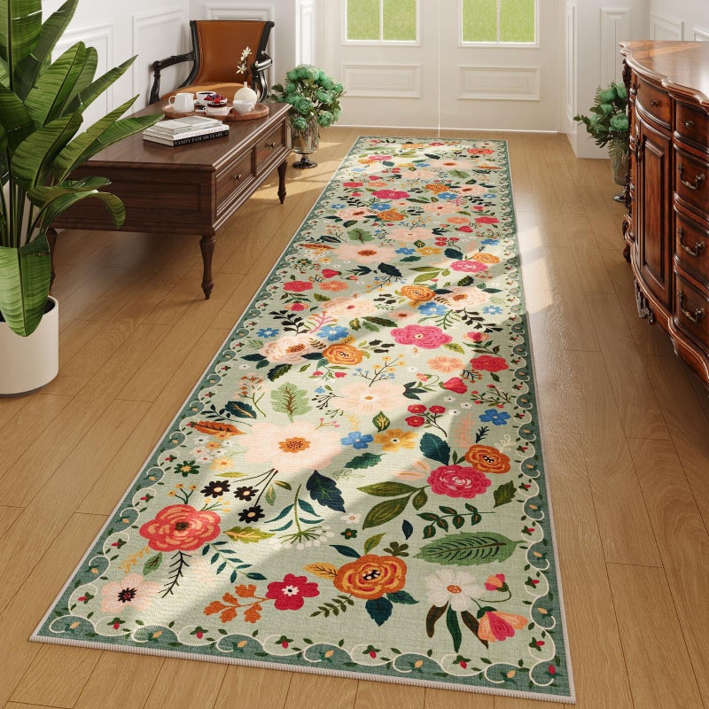 Rugcomf Runners for Hallways Kitchen Runner Rug Non Slip 2'x 10' Long Washable Rugs with Rubber Backing Soft Floral Carpet Runner for Hallways, Kitchen, Laundry, Bedroom, Bathroom(Green) - Image 1