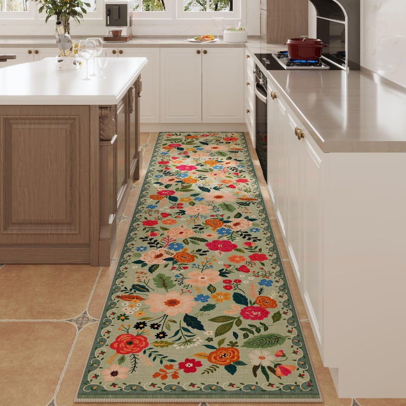 Rugcomf Runners for Hallways Kitchen Runner Rug Non Slip 2'x 10' Long Washable Rugs with Rubber Backing Soft Floral Carpet Runner for Hallways, Kitchen, Laundry, Bedroom, Bathroom(Green) - Image 2