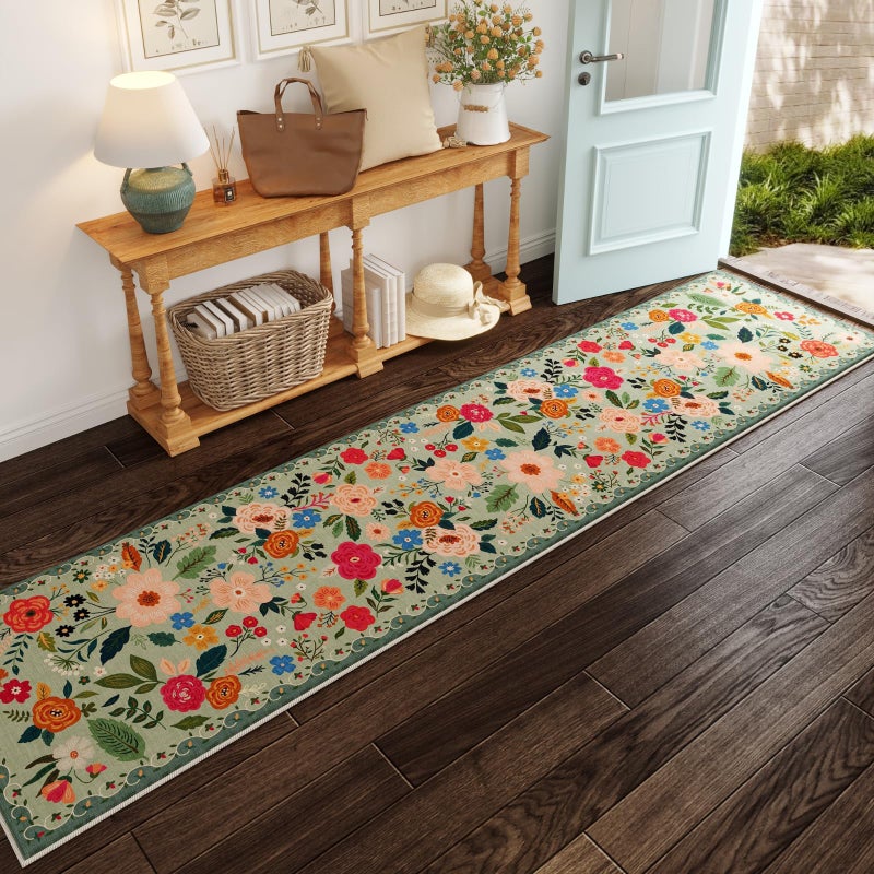 Rugcomf Runners for Hallways Kitchen Runner Rug Non Slip 2'x 10' Long Washable Rugs with Rubber Backing Soft Floral Carpet Runner for Hallways, Kitchen, Laundry, Bedroom, Bathroom(Green) - Image 3
