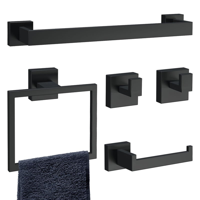 HAWKROWN 5-Piece Matte Black Bathroom Accessories Set, SUS304 Stainless Steel Wall Mounted 16 Inch Hand Towel Bar, Toilet Paper Holder, Towel Ring, Towel Hooks, Bathroom Hardware Set, Towel Bar Set - Image 1