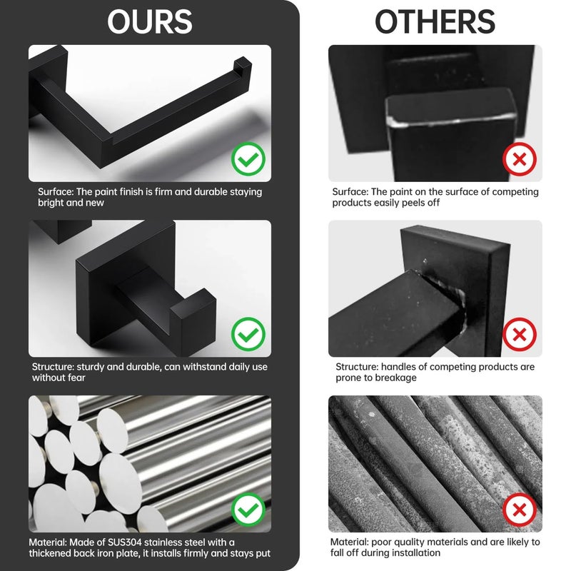 HAWKROWN 5-Piece Matte Black Bathroom Accessories Set, SUS304 Stainless Steel Wall Mounted 16 Inch Hand Towel Bar, Toilet Paper Holder, Towel Ring, Towel Hooks, Bathroom Hardware Set, Towel Bar Set - Image 3
