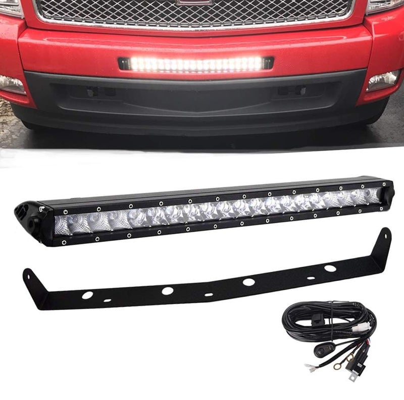 22 Inch 150W Straight Single Row LED Light Bar Wiring Kit wFront Hidden Lower Bumper Mounting Brackets Compatible with Chevy Silverado 1500 20072013 Silverado 2500 3500 HD 20072010