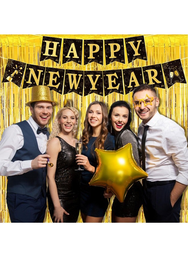 Zhehao Happy New Year Banner with 3.3 x 6.6 ft Gold Foil Fringe Curtains for New Year Eve Party Decorations - Image 5