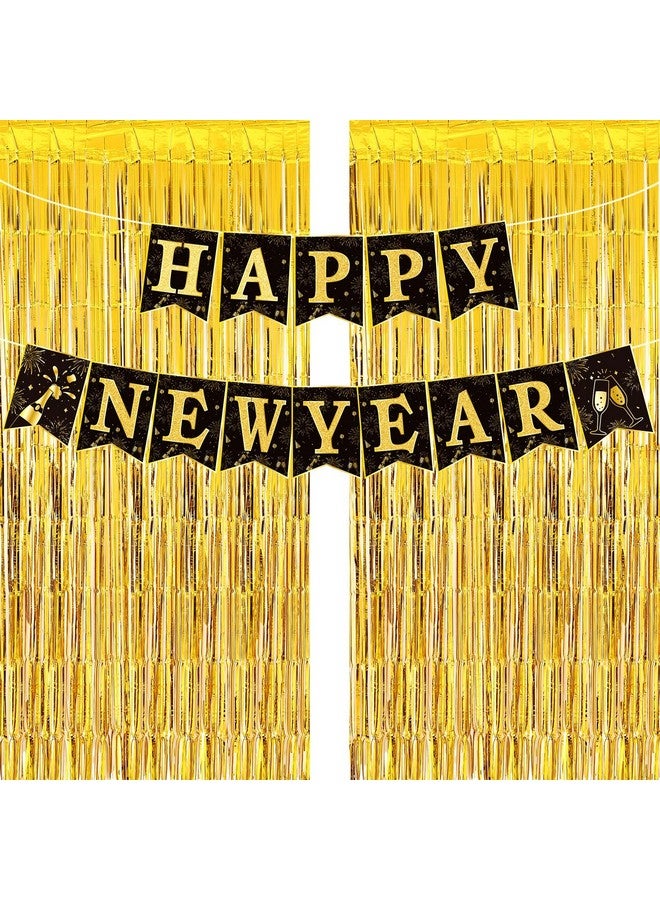 Zhehao Happy New Year Banner with 3.3 x 6.6 ft Gold Foil Fringe Curtains for New Year Eve Party Decorations - Image 1